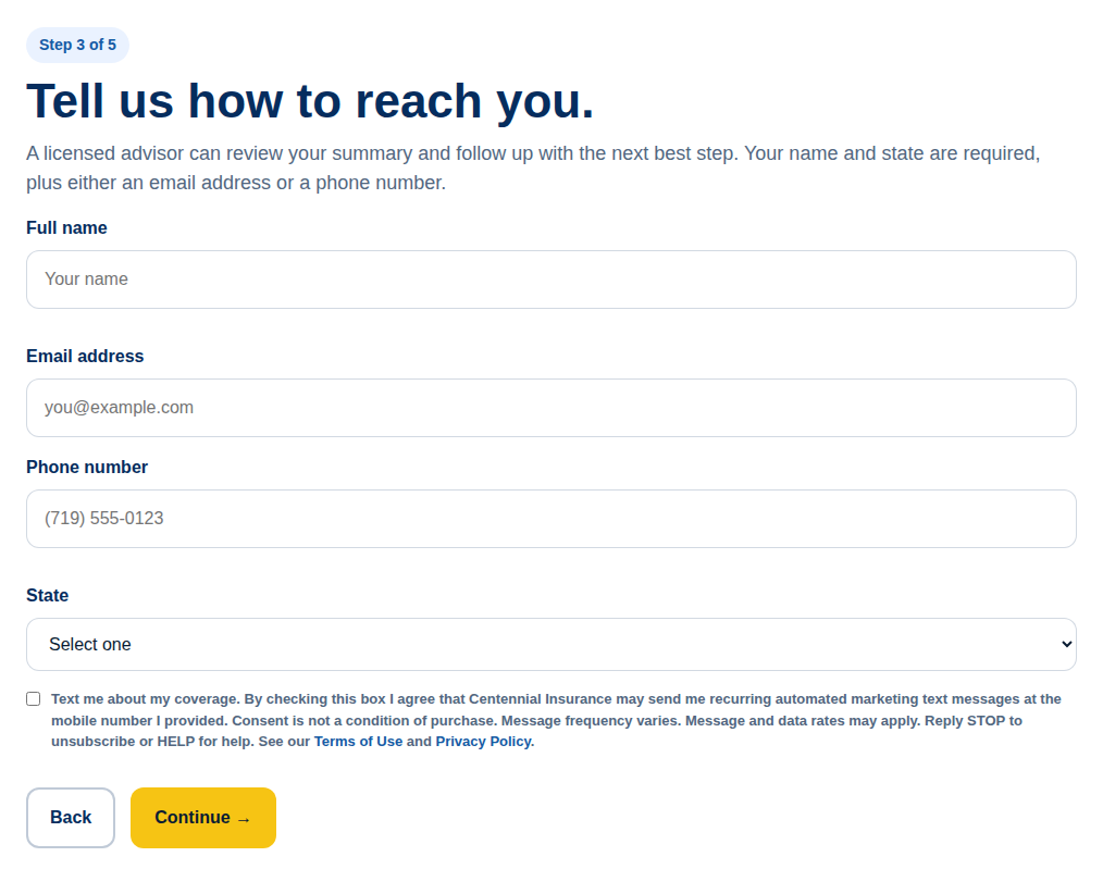 Screenshot of the Coverage Check form, step 3, showing the unchecked text-message consent box and its full wording